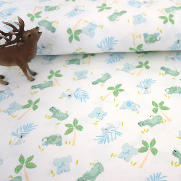 Jersey, Safari, Elefanten und Nashorn, Weiß, Meterware