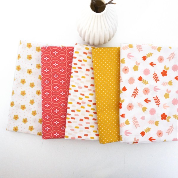Stoffpaket, 5 x Fat Quarter, Baumwolle, Blumen, Koralle, Senf