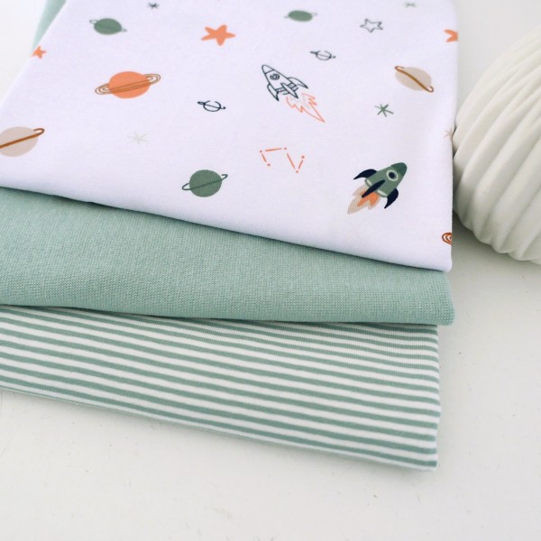 Stoffpaket Jersey 'Space' Weiß, Ringel Mint, 50cm Bündchen