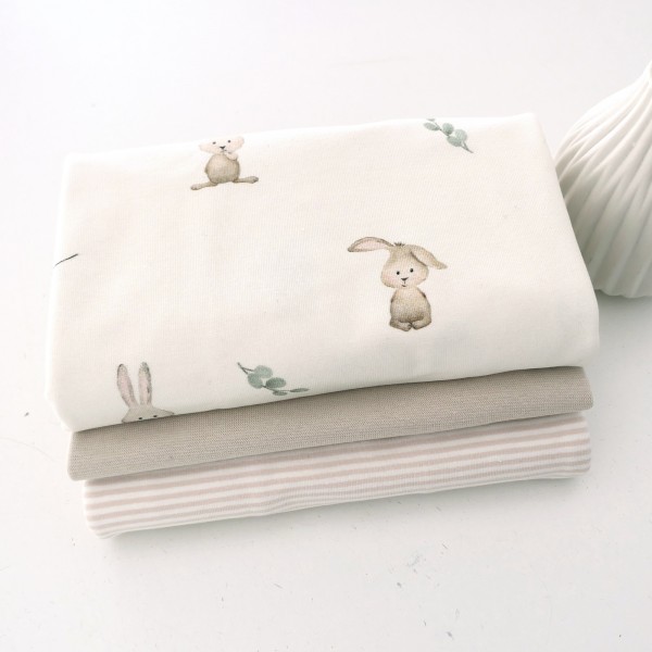 Jersey Stoffpaket, kleine Hasen, Ringel Creme, 50cm Bündchen