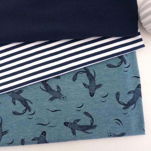 Stoffpaket Jersey Kois, Fische, Streifen, Dunkelblau, Bündchen