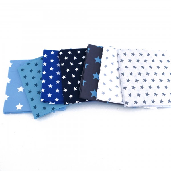 Stoffpaket Baumwolle, 7 x Fat Quarter, Sterne, Blau, Grau, Patchwork