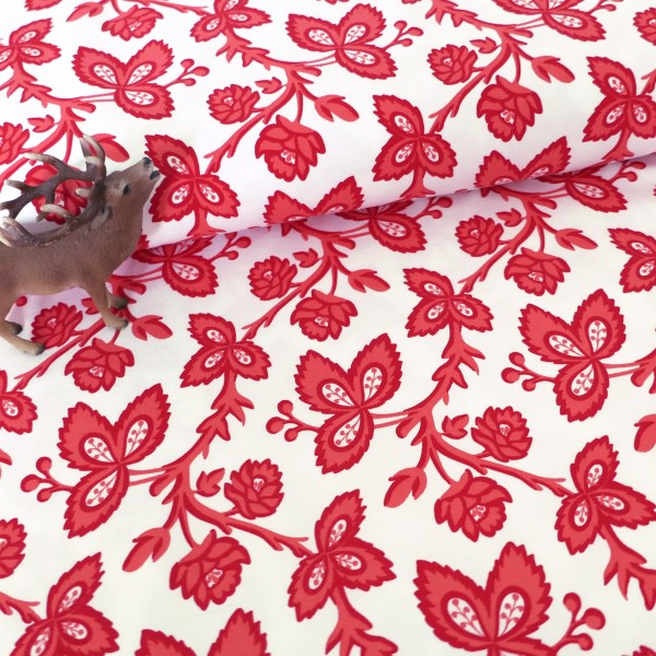 Jersey, Ranken, Flowers, Coral, Rot, Meterware