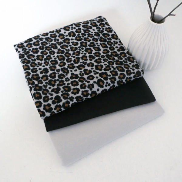 Stoffpaket Musselin, Leo Sand, Uni Jersey Sandgrau und Bündchen