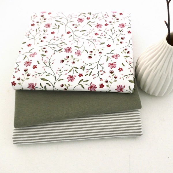 Jersey Stoffpaket, Blumenranken, Ranken, Ringel, 50cm Bündchen Moos