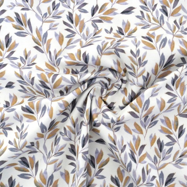 Jersey Blätter, Zweige, Mauve, Senf, Meterware