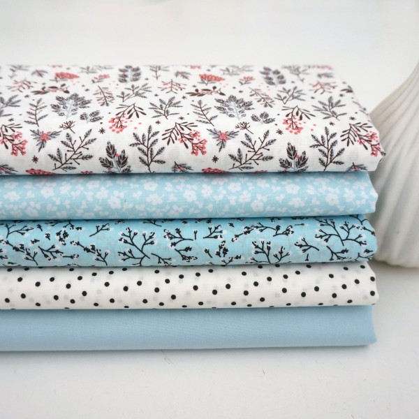 Stoffpaket, Fat Quarter, Baumwolle, Popeline, Streublumen Weiß, Zweige, Uni und Punkte