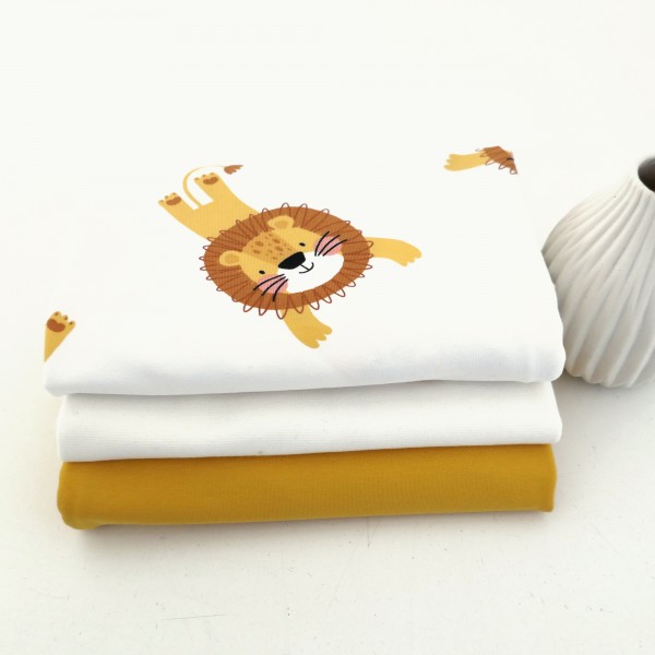 Stoffpaket Jersey 'Wilde Löwen' Off-White, Uni Gelb, 50cm Bündchen