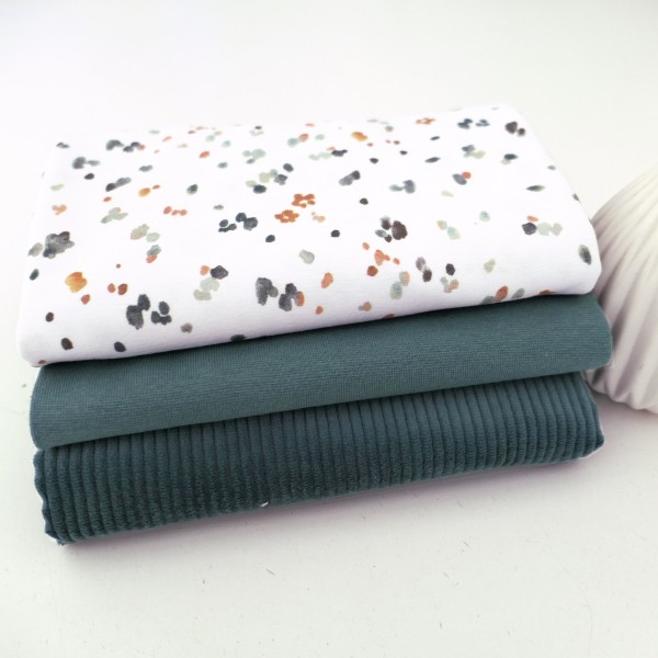 Stoffpaket Jersey Kleckse Water Colour, Cordjersey Uni Smaragd, Bündchen