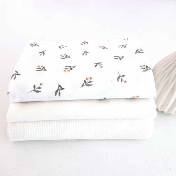 Stoffpaket Jersey, All-White, kleine Zweige Off-White, Waffeljersey und Bündchen