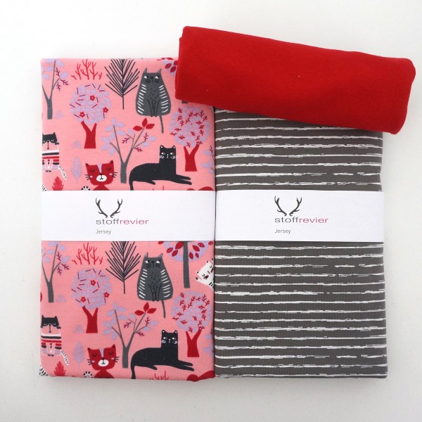 Stoffpaket Jersey Katzen, Miau, Linien Grau, 50cm Bündchen