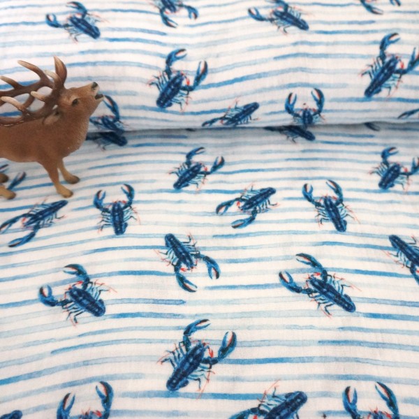 Musselin, Double Gauze, Lobster, Weiß/Blau, Meterware