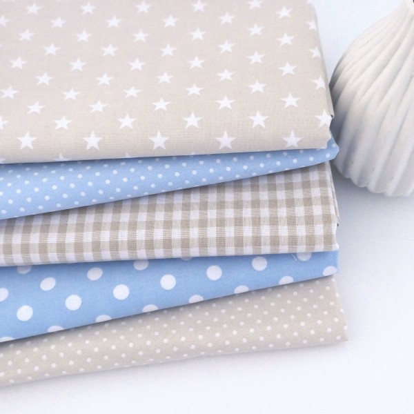 Stoffpaket Baumwolle, Fat Quarter, 5 x 50 x 72 cm, Hellblau, Creme, Patchwork