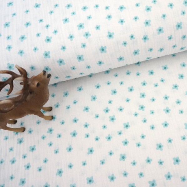 Musselin, Double Gauze, kleine Blume, Weiß/Aqua, Meterware