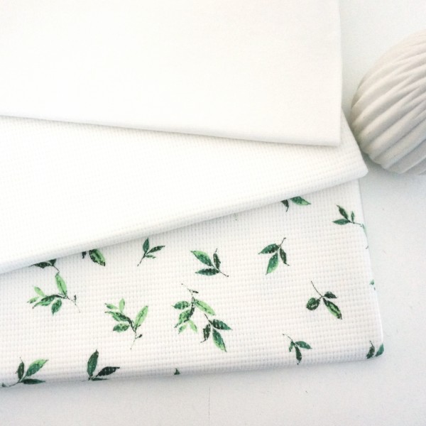 Stoffpaket Waffeljersey, 'Zweige', Grün/Naturweiß, Uni, Naturweiß, Bündchen