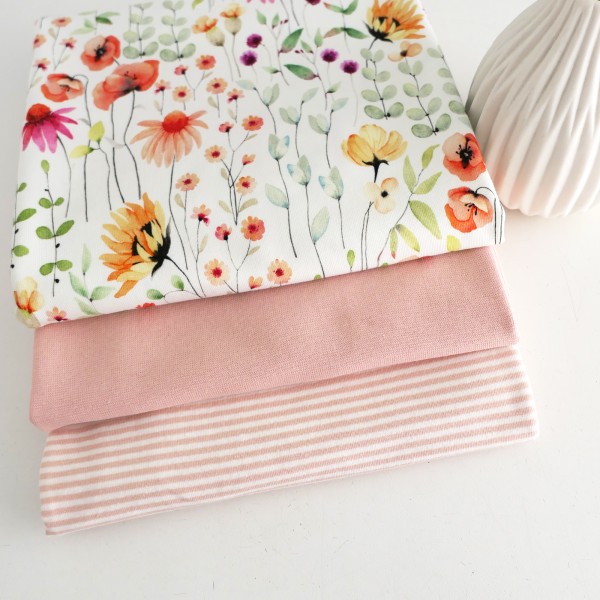 Stoffpaket Jersey Wiesenblumen, Off-White, Ringel Lachsrosa, Bündchen