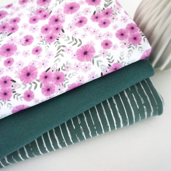 Stoffpaket Jersey, Blumen, Pink Linien Altgrün, Bündchen