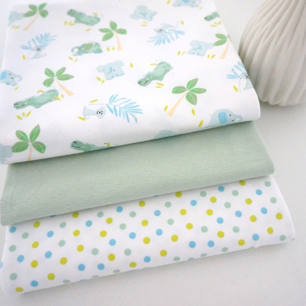 Stoffpaket Jersey, Safari, Ink Dots, Weiß/Mint/Blau, Bündchen