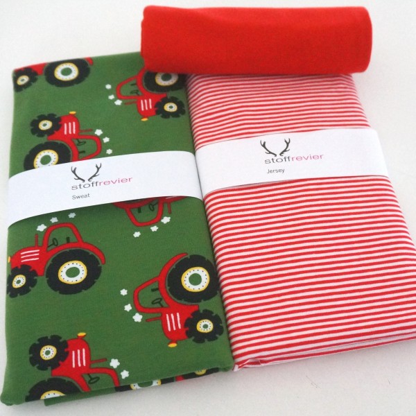 Stoffpaket Jersey, Trecker, Traktor, Rot, Ringel, 50cm Bündchen