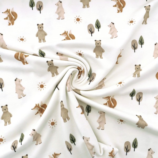 Jersey, Fuchs und Bär, Off-White, Grün, Beige, Creme, Meterware