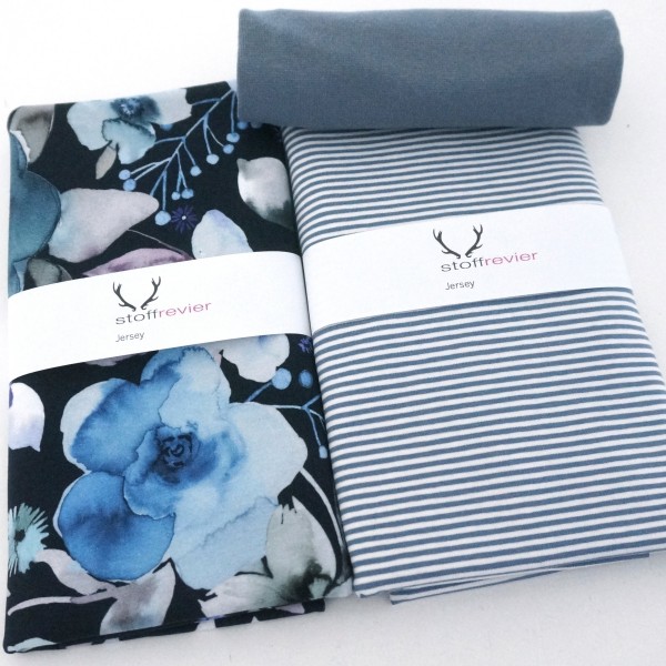 Stoffpaket Jersey, FlowerBouquet, Ringel Blau, 50cm Bündchen