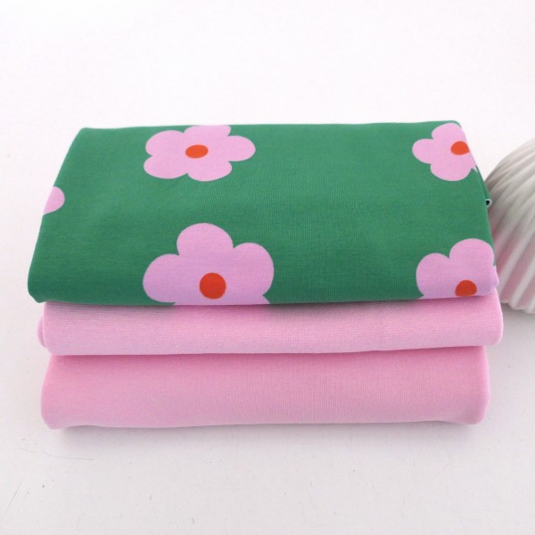 Jersey Stoffpaket, Prilblumen, Blüten, Rosa/Grün, French Terry Uni Rosa, 50cm Bündchen-Copy