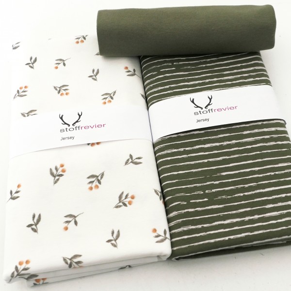 Stoffpaket Jersey, kleine Zweige Off-White, Linien Khaki, 50cm Bündchen