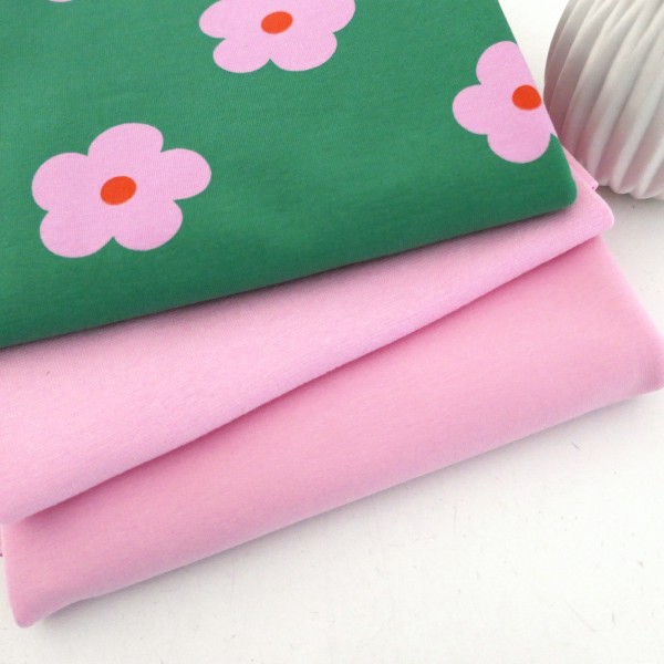 Jersey Stoffpaket, Prilblumen, Blüten, Rosa/Grün, French Terry Uni Rosa, 50cm Bündchen-Copy