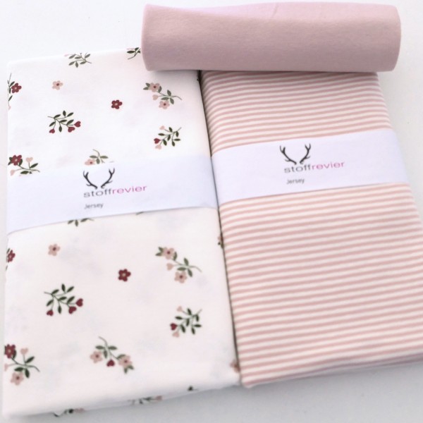 Stoffpaket Jersey, Streublumen, Ringel, 50cm Bündchen Rosé