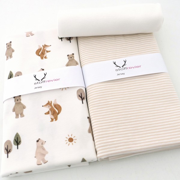 Stoffpaket Jersey, Fuchs und Bär, Off-White, Ringel Creme, 50cm Bündchen
