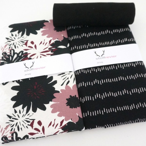 Stoffpaket Jersey, große Blüten, Altrosa, Striche Schwarz, Bündchen