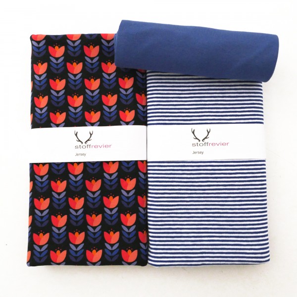 Stoffpaket Jersey, Retro Tulpe, Schwarz, Ringel Royalblau, 50 cm Bündchen
