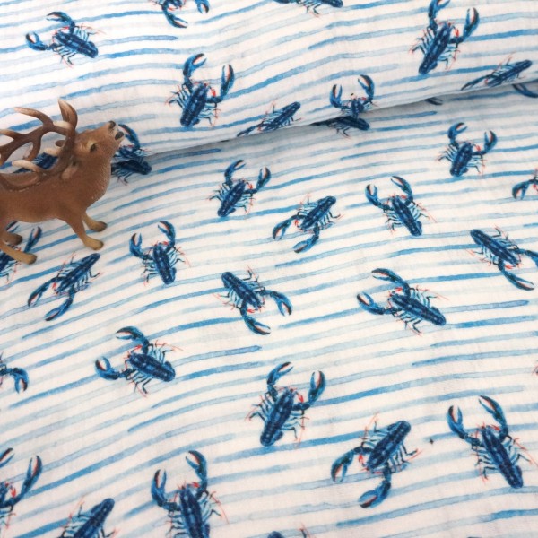 Musselin, Double Gauze, Lobster, Weiß/Blau, Meterware