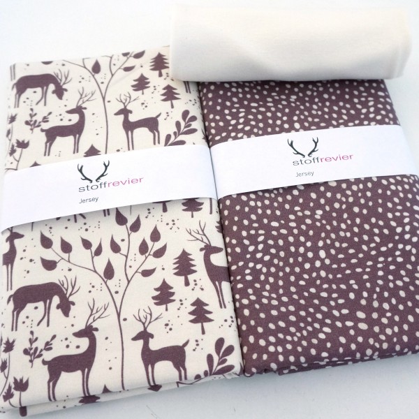 Stoffpaket Jersey, 'Miniwinter', Rotwild, Kleckse Mauve, Bündchen