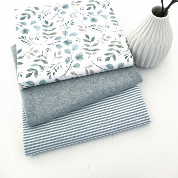 Jersey Stoffpaket, Zweige, Blätter, Mint, Ringel, Mint, 50cm Bündchen