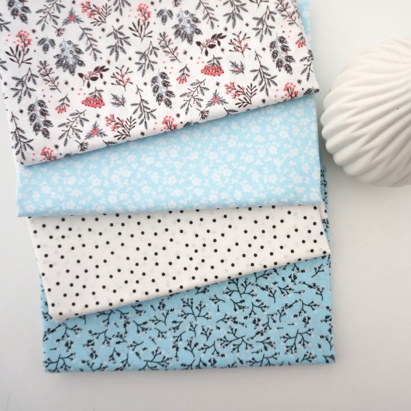 Stoffpaket, Baumwolle, Popeline, Streublumen, Hellblau, Weiß