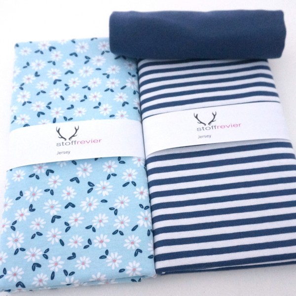 Stoffpaket Jersey, Streublumen, Hellblau, Streifen, Bündchen