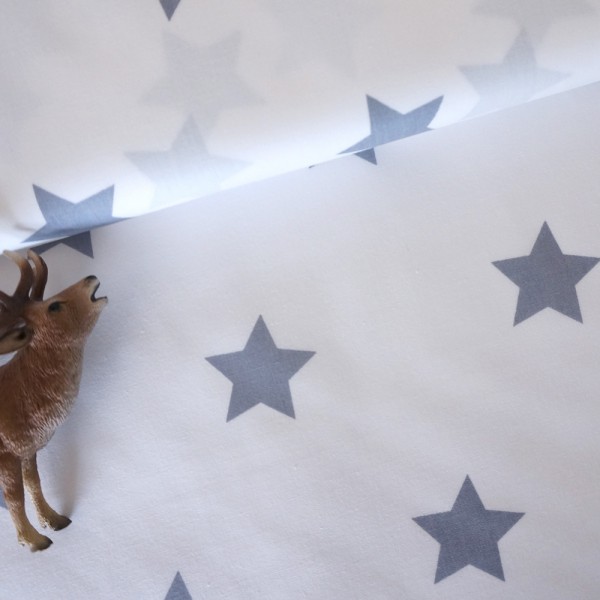 Baumwollstoff, Popeline große Sterne, Weiß/Grau