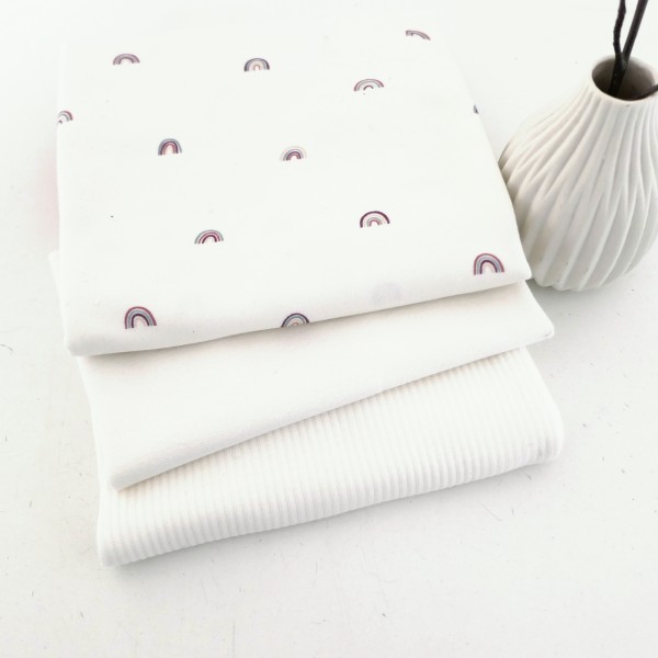 Stoffpaket Jersey Regenbögen Off-White, Ripjersey Uni, Bündchen