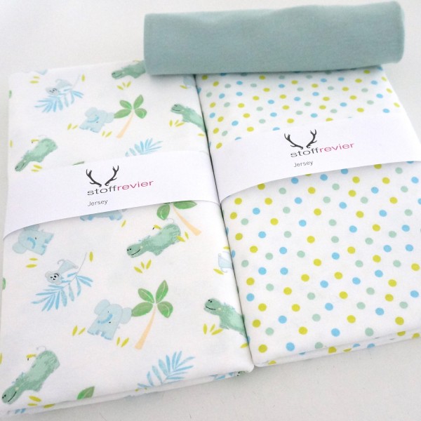 Stoffpaket Jersey, Safari, Ink Dots, Weiß/Mint/Blau, Bündchen