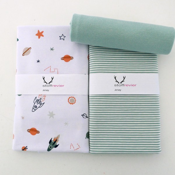 Stoffpaket Jersey 'Space' Weiß, Ringel Mint, 50cm Bündchen
