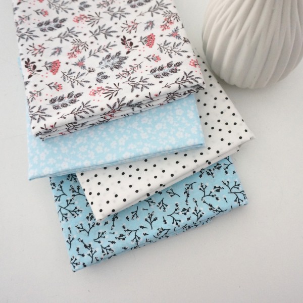 Stoffpaket, Baumwolle, Popeline, Streublumen, Hellblau, Weiß