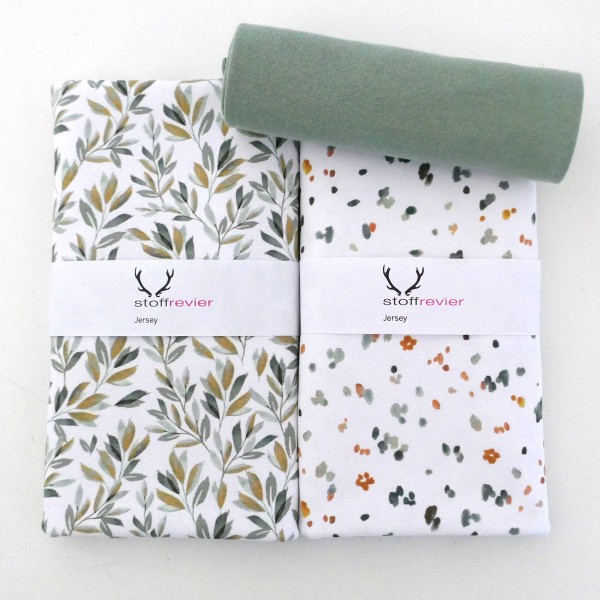 Stoffpaket Jersey Blätter, Zweige, Kleckse, Salbei, 50cm Bündchen