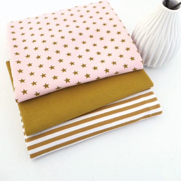Jersey Stoffpaket, Sterne Rosé, Streifen und Bündchen Senf