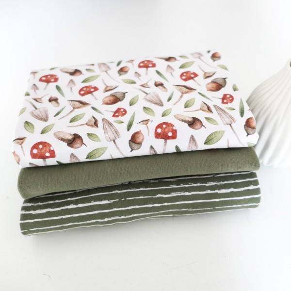 Jersey Stoffpaket, Pilze und Eicheln Weiß, Linien, Moos, 50cm Bündchen