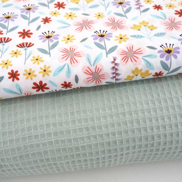 Stoffpaket, Baumwolle, Waffelpiqué Mint, Blumenwiese, Pastell
