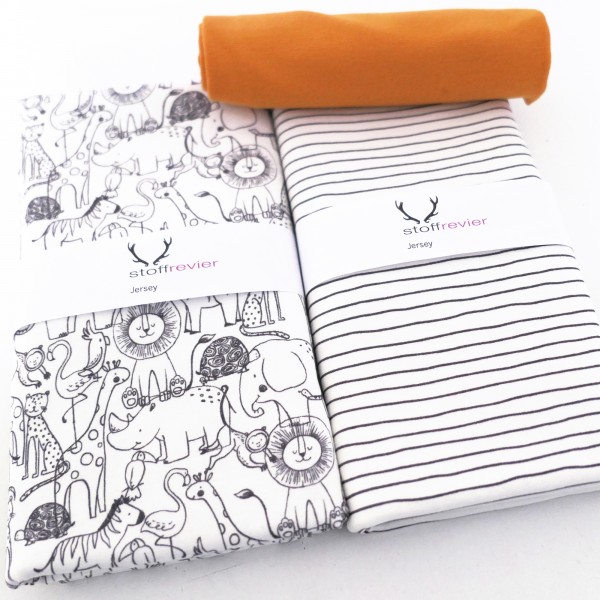 Stoffpaket Jersey, Im Zoo, Linien Off-White, 25 cm Bündchen Orange