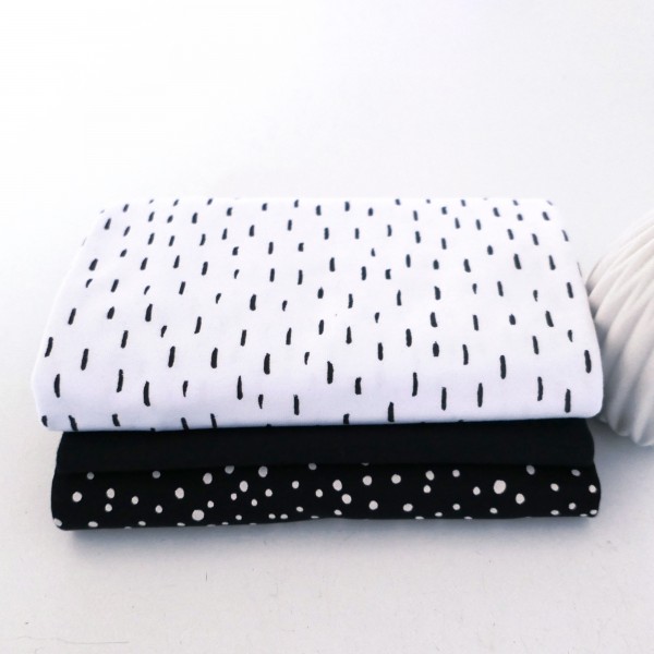 Jersey Stoffpaket, Black&White, Striche Weiß, Kleckse Schwarz, 50cm Bündchen
