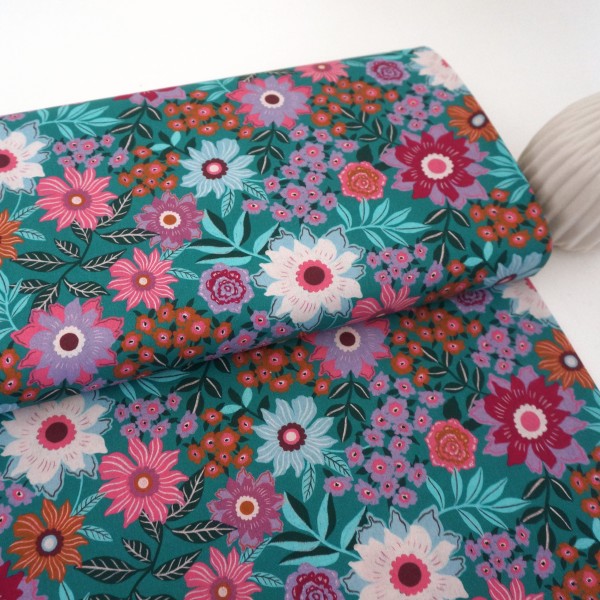 Baumwollstoff, bunte Blumen, Mint, Bunt, Meterware