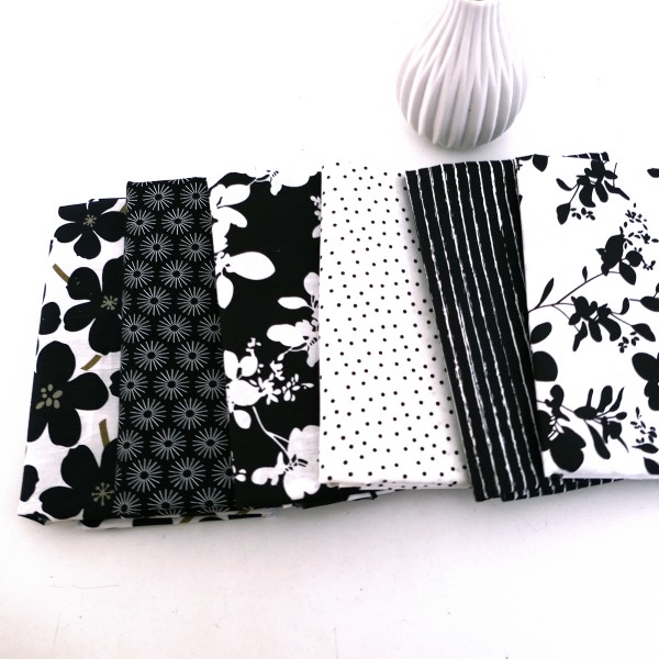 6 x Fat Quarter, Black&White Stoffpaket, Blüten, Kleckse, Linien, Baumwolle